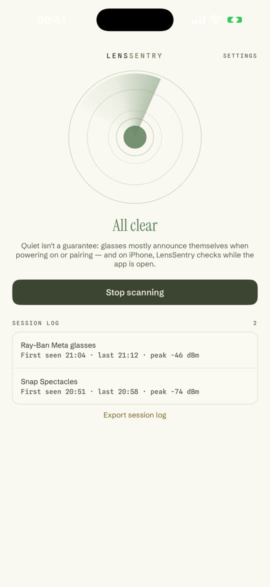 The LensSentry app in its all-clear state, with the explainer: quiet isn't a guarantee.